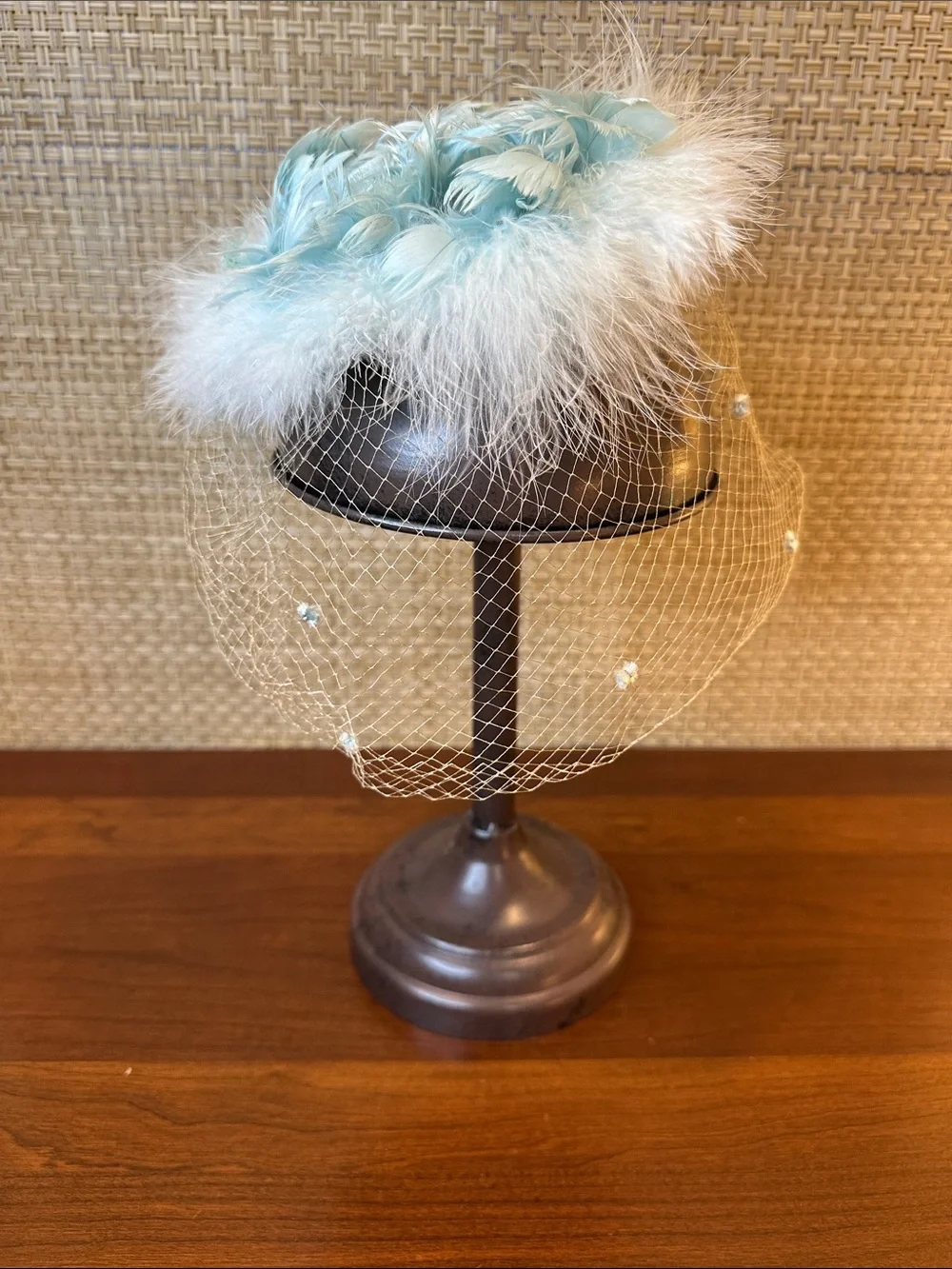VTG 1960s Tiffany Blue Marabou Feather Birdcage Fascinator Cocktail Hat - Picture 5 of 11
